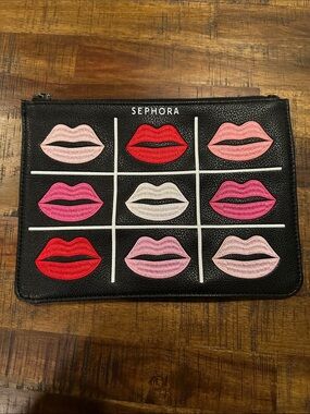 Sephora Black Lip Grid Zip Pouch with Red, Pink & Cream Lips